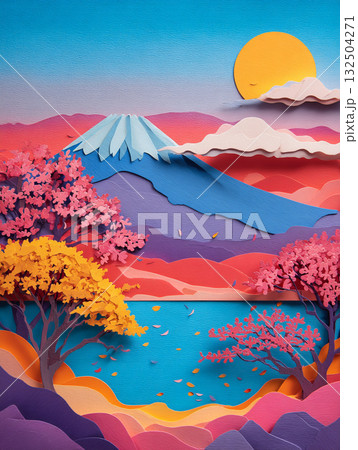 A stunning, layered papercut art style depiction of a Japanese landscape at sunset, featuring Mount Fuji, cherry blossoms, and a vibrant sky. 132504271