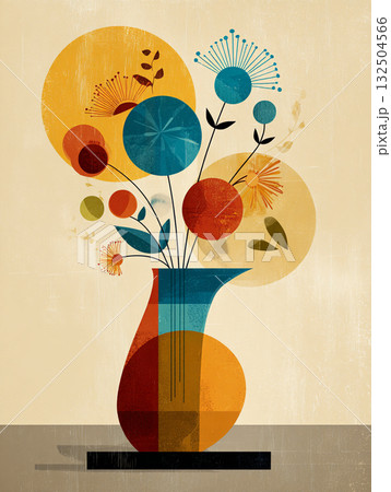 A minimalist illustration of orange flowers in a black vase, featuring abstract and geometric shapes with a textured mid-century modern color palette. 132504566