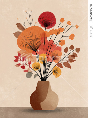 A minimalist illustration of orange flowers in a black vase, featuring abstract and geometric shapes with a textured mid-century modern color palette. 132504570