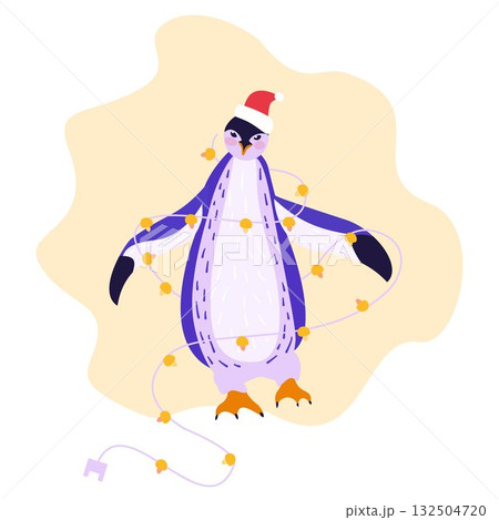 Seamless festive pattern with cute penguin in Santa hat and lights Seamless festive pattern with cute penguin in Santa hat and lights 132504720