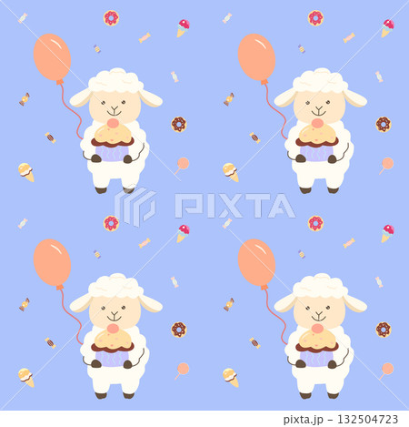 Seamless pattern with cute lamb holding sweets, balloons and cupcake Seamless pattern with cute lamb holding sweets, balloons and cupcake 132504723