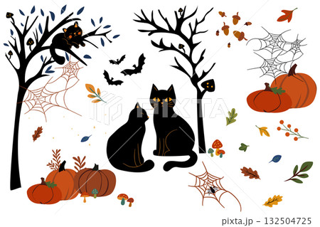 Halloween vector clipart set with black cats, pumpkins and autumn decor Halloween vector clipart set with black cats, pumpkins and autumn decor 132504725