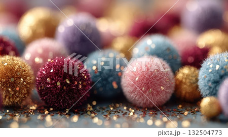 Colorful pom poms scattered on a festive surface 132504773