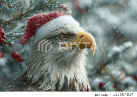 Bald eagle wearing a festive Santa hat in winter Bald eagle wearing a festive Santa hat in winter 132504814