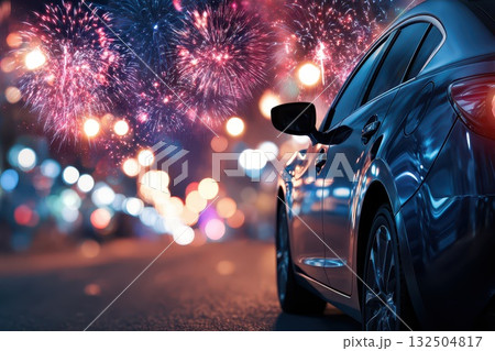 Celebrating with fireworks beside a stylish car 132504817