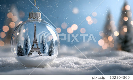 Winter ornament with tiny Eiffel Tower in glass ball on snowy background Winter ornament with tiny Eiffel Tower in glass ball on snowy background 132504869