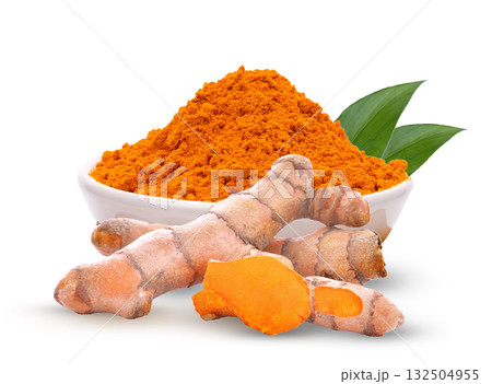 Turmeric roots with turmeric powder in bowl.thai herb for health on white background. Turmeric roots with turmeric powder in bowl.thai herb for health on white background. 132504955