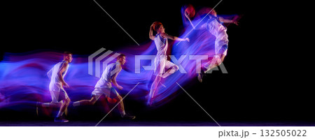 Basketball player motion sequence jumping with glowing red and blue light trails. Banner 132505022
