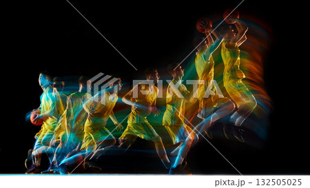 Basketball player sequence showing full jump motion with multicolor light streaks Basketball player sequence showing full jump motion with multicolor light streaks 132505025