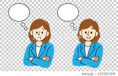 考える女性ビジネスパーソンの表情バリエーションと吹き出しのイラスト 考える女性ビジネスパーソンの表情バリエーションと吹き出しのイラスト 132505169