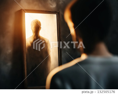 Mysterious silhouette reflected in a foggy mirror 132505176