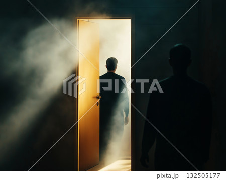 Man walking into glowing doorway 132505177