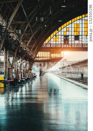 vintage Hua Lamphong railroad station with classic retro trains in Bangkok, historic old-fashioned Thai railway hub featuring retro travel ambiance vintage Hua Lamphong railroad station with classic retro trains in Bangkok, historic old-fashioned Thai railway hub featuring retro travel ambiance 132505196