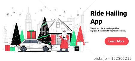 Santa ride hailing app Christmas city winter scene car gifts snowy house decorated trees urban background banner template Santa ride hailing app Christmas city winter scene car gifts snowy house decorated trees urban background banner template 132505213