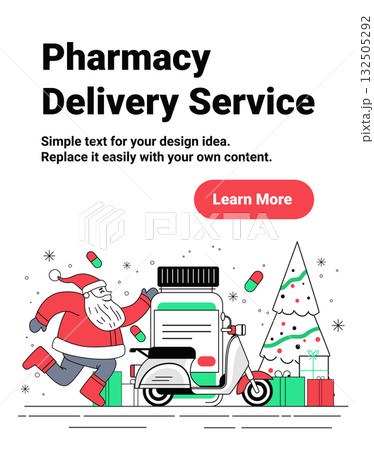 Santa pharmacy delivery service Christmas concept Santa Claus runs beside scooter with medicine bottle gifts Christmas tree pills snow website banner 132505292