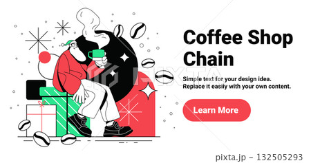 Santa coffee shop Christmas holiday scene modern Santa Claus sitting on gifts drinking coffee surrounded by beans abstract festive background website banner 132505293