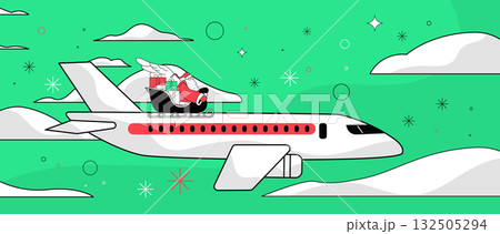 Santa Christmas travel airplane sleigh gifts sky modern festive scene with Santa riding sleigh on airplane surrounded by clouds and snowflakes Santa Christmas travel airplane sleigh gifts sky modern festive scene with Santa riding sleigh on airplane surrounded by clouds and snowflakes 132505294