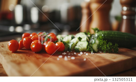 Fresh Vegetables on Wooden Cutting Board in Rustic Kitchen Fresh Vegetables on Wooden Cutting Board in Rustic Kitchen 132505311