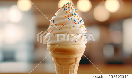Delicious Soft Serve Ice Cream Cone with Colorful Sprinkles 132505312
