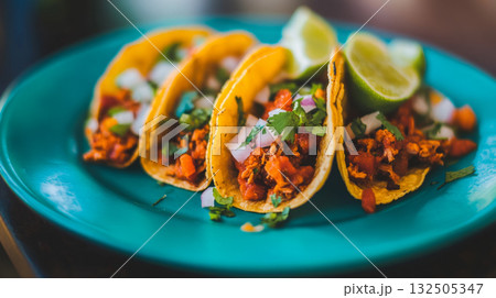 Authentic Mexican Tacos with Spicy Shredded Meat and Fresh Garnish 132505347