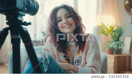 Smiling content creator recording a video in a cozy home studio Smiling content creator recording a video in a cozy home studio 132505358