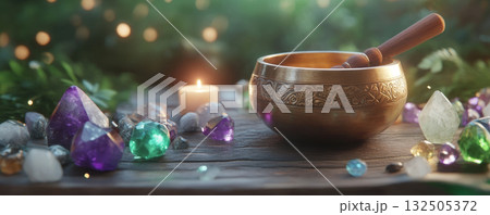 Meditation Setup with Singing Bowl, Crystals, and Candle 132505372