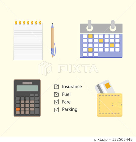 Budget planning icons with notebook, calendar, checklist, calculator, and payment card background 132505449