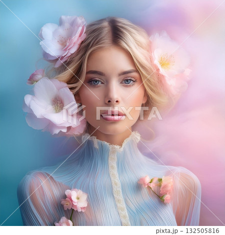 Dreamlike Woman in Pastel Cloudscape 132505816