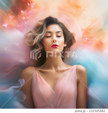 Dreamlike Woman in Pastel Cloudscape Dreamlike Woman in Pastel Cloudscape 132505862