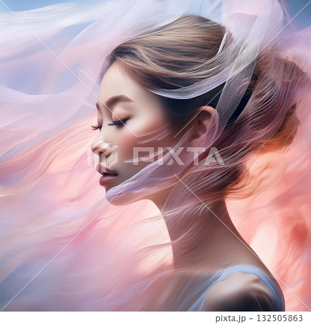 Dreamlike Woman in Pastel Cloudscape Dreamlike Woman in Pastel Cloudscape 132505863