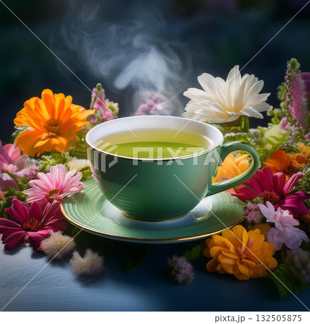 Ethereal Tea Cup Surrounded by Flowers 132505875