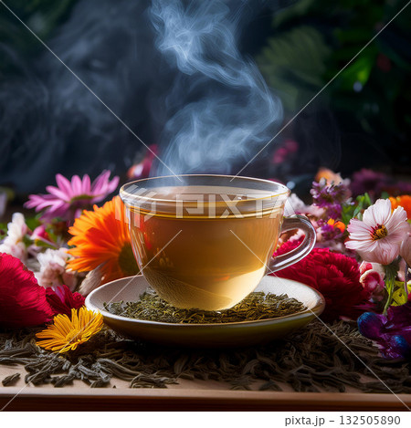 Ethereal Tea Cup Surrounded by Flowers 132505890