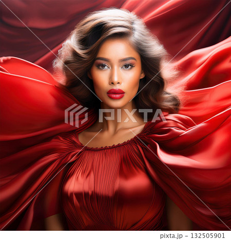Serene Beauty in Flowing Red Dress 132505901