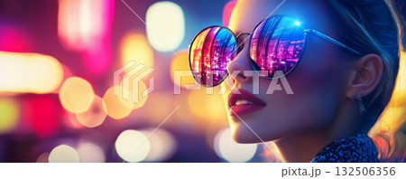 Stylish Woman in Neon Cityscape with Reflected Lights 132506356