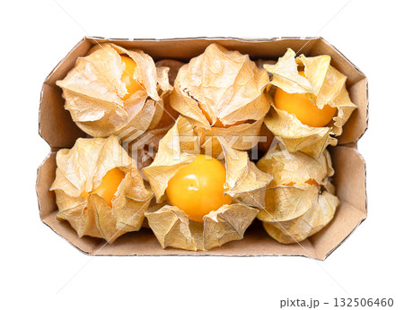 Goldenberries, groundcherries in a fruit carton, from above. Ripe, fresh Physalis peruviana, bright orange fruits, with papery husks, also called poha, cape gooseberries, Peruvian groundcherry, etc. Goldenberries, groundcherries in a fruit carton, from above. Ripe, fresh Physalis peruviana, bright orange fruits, with papery husks, also called poha, cape gooseberries, Peruvian groundcherry, etc. 132506460