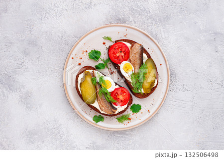 sandwiches on rye bread, with sprats, quail eggs, fresh tomatoes and pickled cucumber, appetizer, breakfast, homemade, sandwiches on rye bread, with sprats, quail eggs, fresh tomatoes and pickled cucumber, appetizer, breakfast, homemade, 132506498