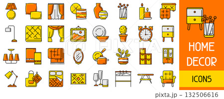 Home decor icon set. Domestic items thin line illustration. 132506616