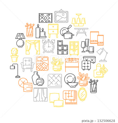 Home decor icons background. Domestic items thin line illustration. Home decor icons background. Domestic items thin line illustration. 132506628