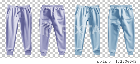 2 Set of pastel purple violet blue, front back view sweatpants jogger sports trousers bottom pants on transparent background, PNG file. Mockup template for artwork 2 Set of pastel purple violet blue, front back view sweatpants jogger sports trousers bottom pants on transparent background, PNG file. Mockup template for artwork 132506645
