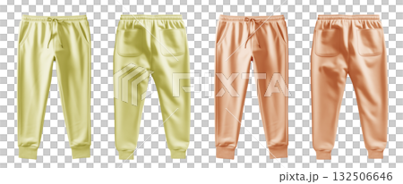 2 Set of pastel orange yellow, front back view sweatpants jogger sports trousers bottom pants on transparent background, PNG file. Mockup template for artwork 2 Set of pastel orange yellow, front back view sweatpants jogger sports trousers bottom pants on transparent background, PNG file. Mockup template for artwork 132506646