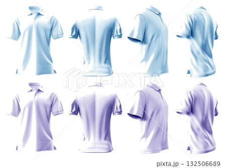 2 Set of pastel light violet purple blue front, back and side view collar polo tee shirt on transparent background cutout, PNG file. Mockup template for artwork graphic design 132506689