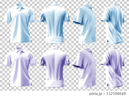 2 Set of pastel light violet purple blue front, back and side view collar polo tee shirt on transparent background cutout, PNG file. Mockup template for artwork graphic design 132506689