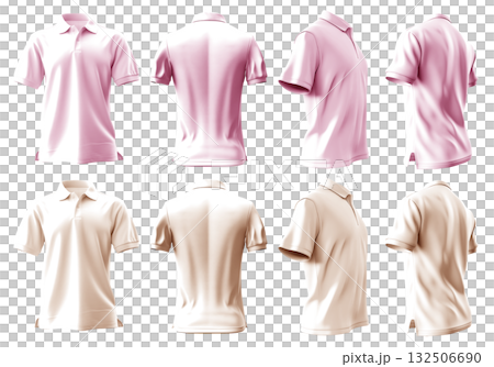 2 Set of pastel light pink beige front, back and side view collar polo tee shirt on transparent background cutout, PNG file. Mockup template for artwork graphic design 132506690