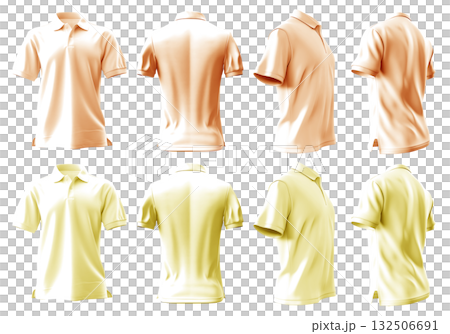 2 Set of pastel light orange yellow front, back and side view collar polo tee shirt on transparent background cutout, PNG file. Mockup template for artwork graphic design 132506691