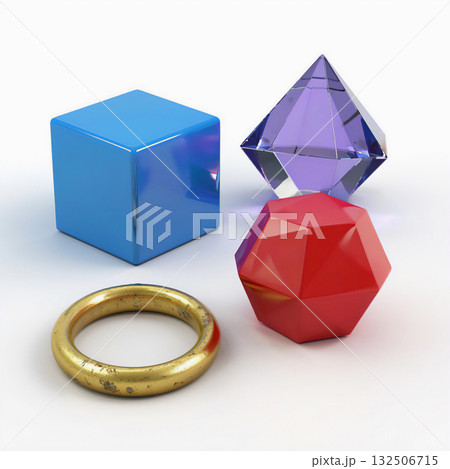 An abstract composition of primitive volumetric figures with smooth surfaces. 132506715