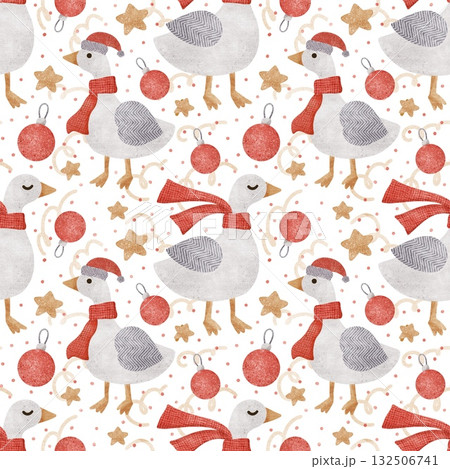 A festive pattern featuring cartoon geese wearing red scarves and hatson white 132506741