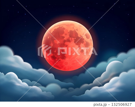A large glowing red moon partially obscured by soft fluffy clouds in a starry night sky 132506927