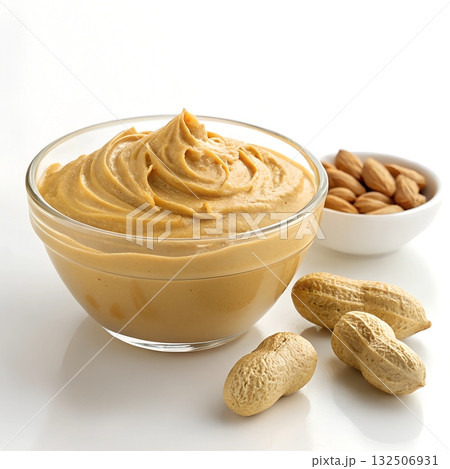Creamy peanut butter in glass bowl with whole peanuts and almonds spread 132506931