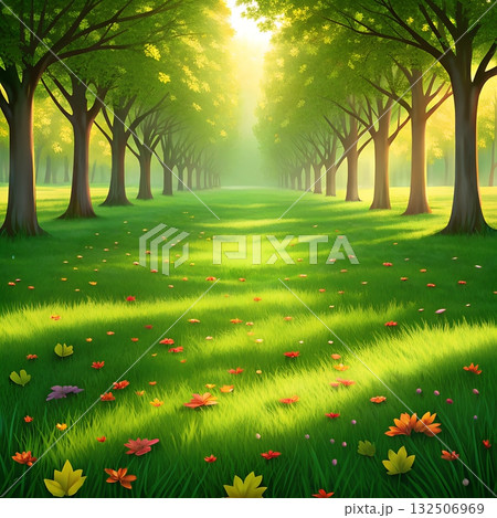 A sun drenched park pathway lined with vibrant green trees and scattered colorful wildflowers 132506969