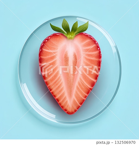 A vibrant halved strawberry with green leaves rests on a translucent blue plate against a solid light blue background A vibrant halved strawberry with green leaves rests on a translucent blue plate against a solid light blue background 132506970